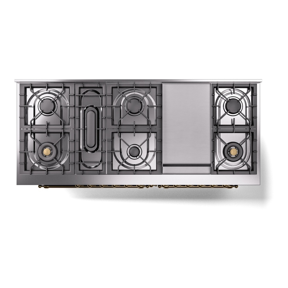 ILVE UP60FNMPMBGLP Nostalgie II 60 inch Dual Fuel Range with 5.8 cu. ft. Total Double Oven Capacity (9 Sealed Burners + Griddle, Liquid Propane, Triple Glass Door, Midnight Blue, Brass) 11 ILVE UP60FNMPMBGLP Nostalgie II 60" Dual Fuel Range, top view