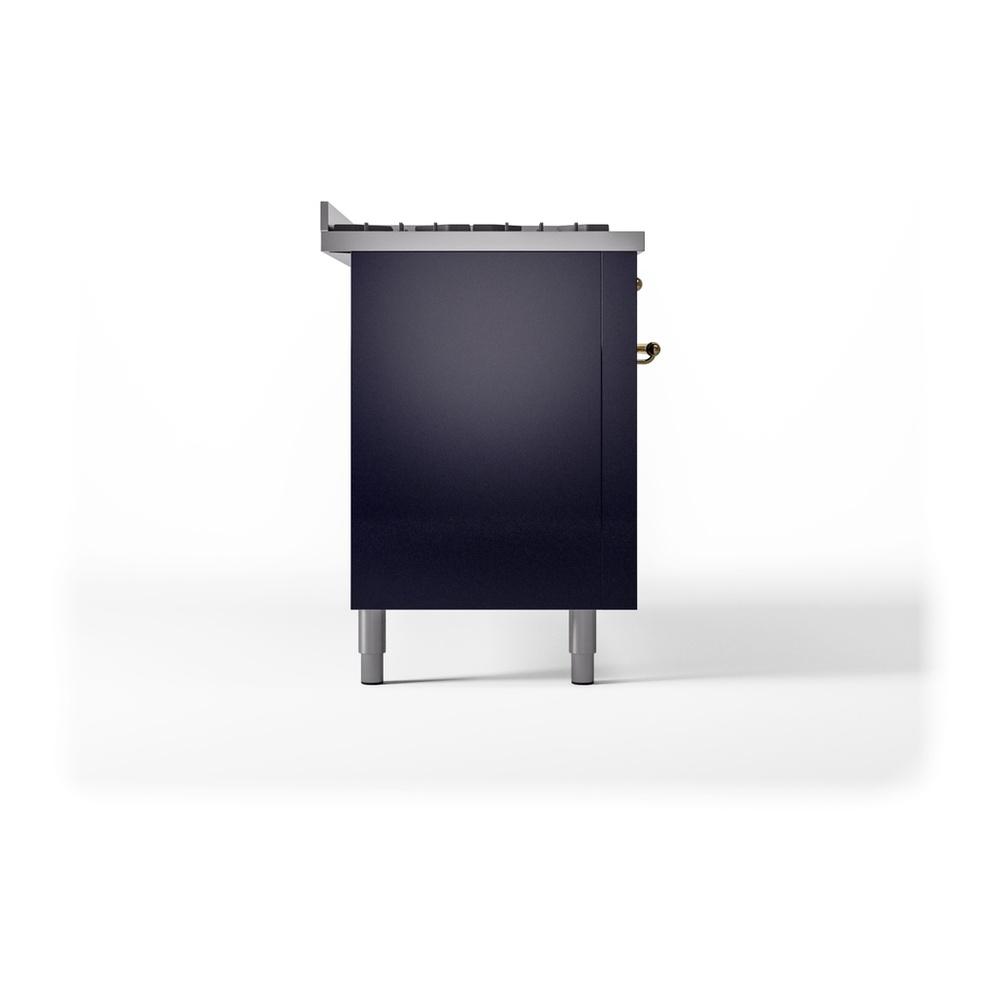 ILVE UP60FNMPMBGLP Nostalgie II 60 inch Dual Fuel Range with 5.8 cu. ft. Total Double Oven Capacity (9 Sealed Burners + Griddle, Liquid Propane, Triple Glass Door, Midnight Blue, Brass) 12 ILVE UP60FNMPMBGLP Nostalgie II 60" Dual Fuel Range, left side view