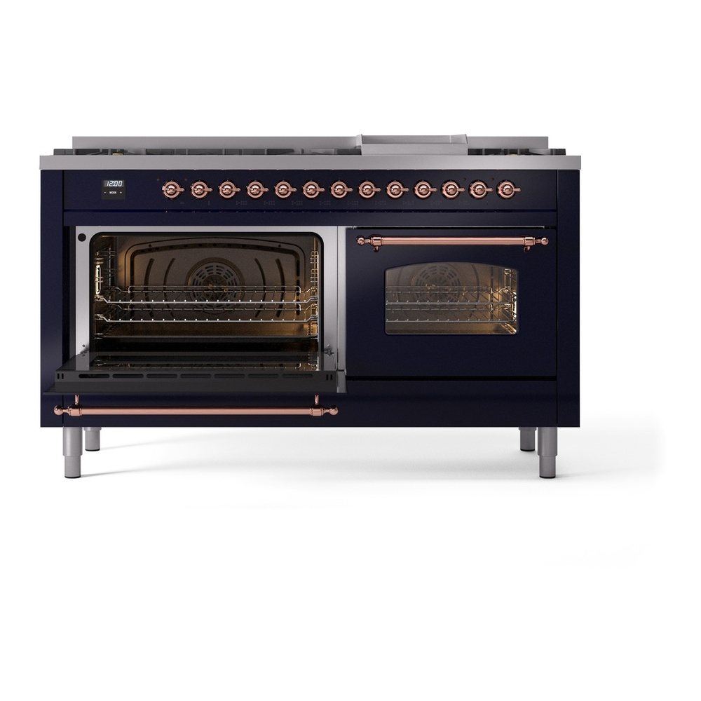 ILVE UP60FNMPMBPLP Nostalgie II 60 inch Dual Fuel Range with 5.8 cu. ft. Total Double Oven Capacity (9 Sealed Burners + Griddle, Liquid Propane, Triple Glass Door, Midnight Blue, Copper) 7 ILVE UP60FNMPMBPLP Nostalgie II 60" Dual Fuel Range, main oven door opened