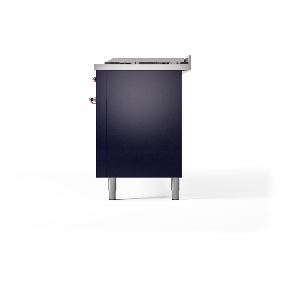 ILVE UP60FNMPMBPLP Nostalgie II 60 inch Dual Fuel Range with 5.8 cu. ft. Total Double Oven Capacity (9 Sealed Burners + Griddle, Liquid Propane, Triple Glass Door, Midnight Blue, Copper) 13 ILVE UP60FNMPMBPLP Nostalgie II 60" Dual Fuel Range, right side view