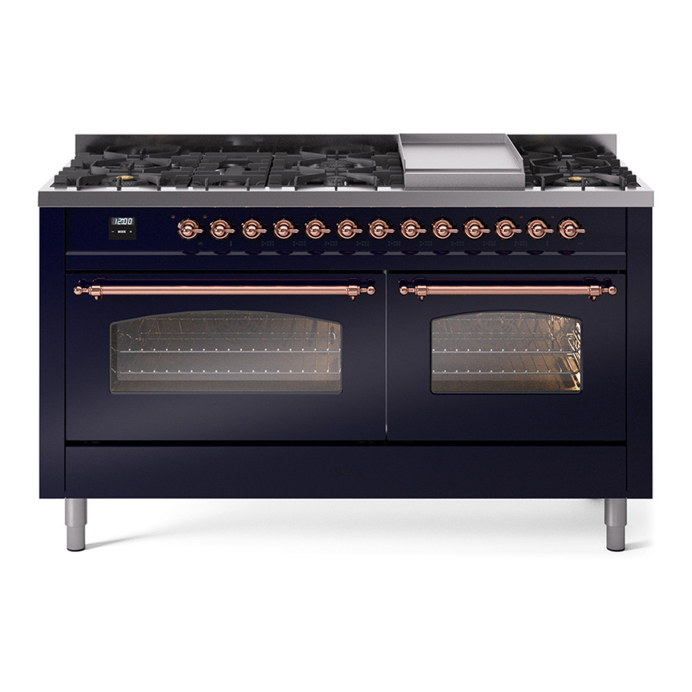 ILVE UP60FNMPMBP Nostalgie II 60 inch Dual Fuel Range with 5.8 cu. ft. Total Double Oven Capacity (9 Sealed Burners + Griddle, Natural Gas, Triple Glass Door, Midnight Blue, Copper)
