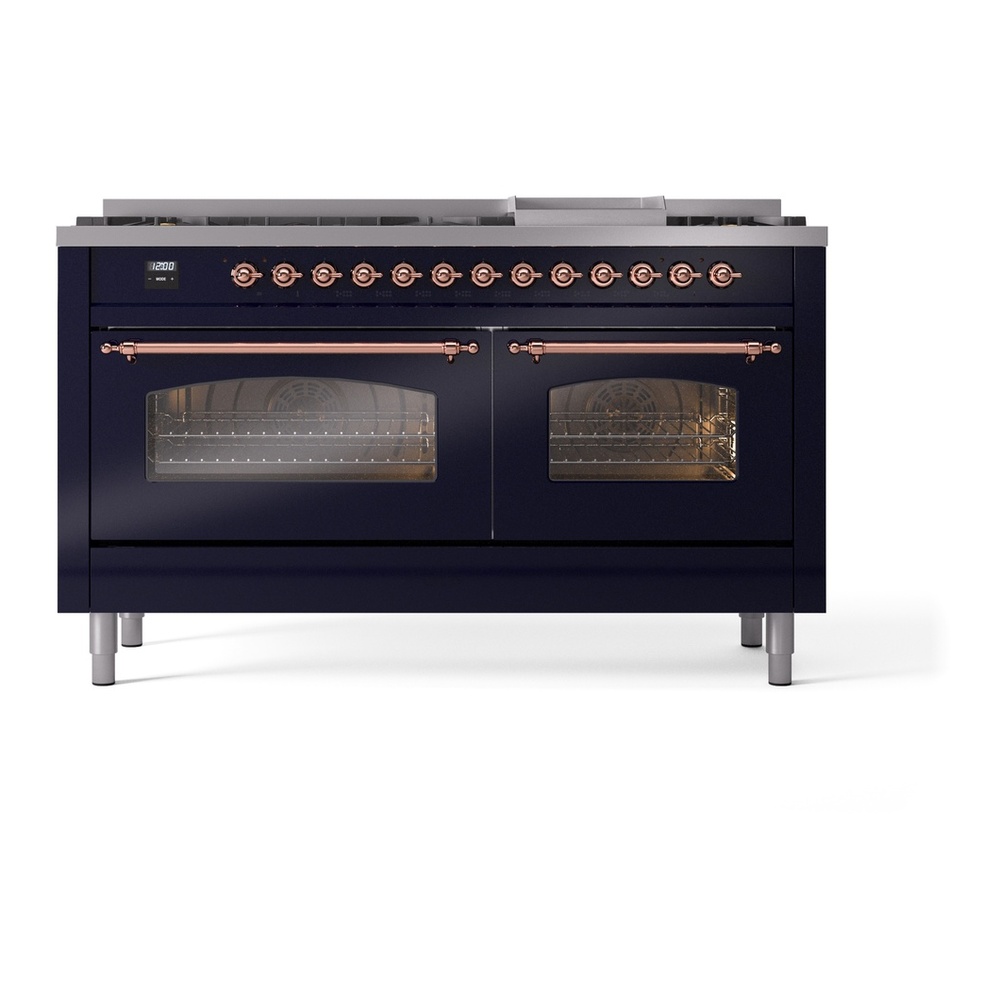 ILVE UP60FNMPMBP Nostalgie II 60 inch Dual Fuel Range with 5.8 cu. ft. Total Double Oven Capacity (9 Sealed Burners + Griddle, Natural Gas, Triple Glass Door, Midnight Blue, Copper) 5 ILVE UP60FNMPMBP Nostalgie II 60" Dual Fuel Range, front view