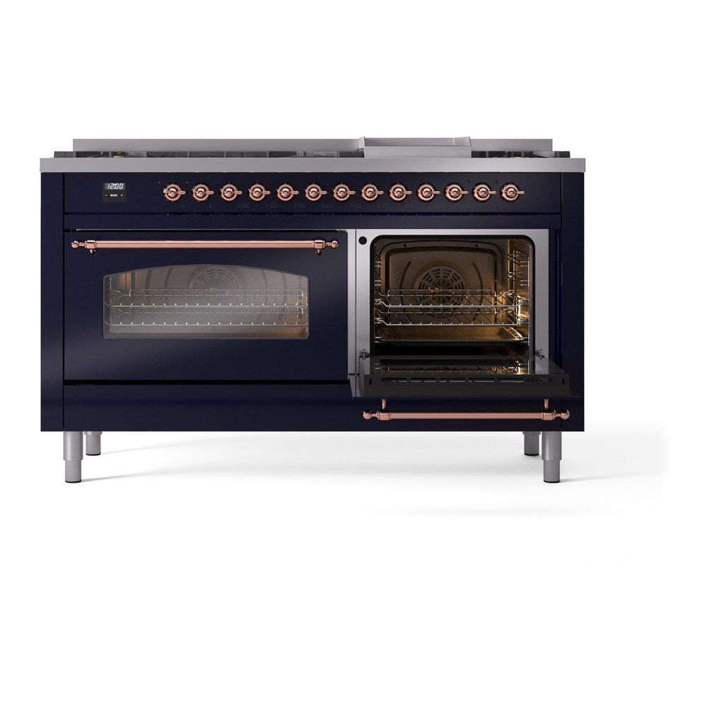 ILVE UP60FNMPMBP Nostalgie II 60 inch Dual Fuel Range with 5.8 cu. ft. Total Double Oven Capacity (9 Sealed Burners + Griddle, Natural Gas, Triple Glass Door, Midnight Blue, Copper) 8 ILVE UP60FNMPMBP Nostalgie II 60" Dual Fuel Range, side oven door opened