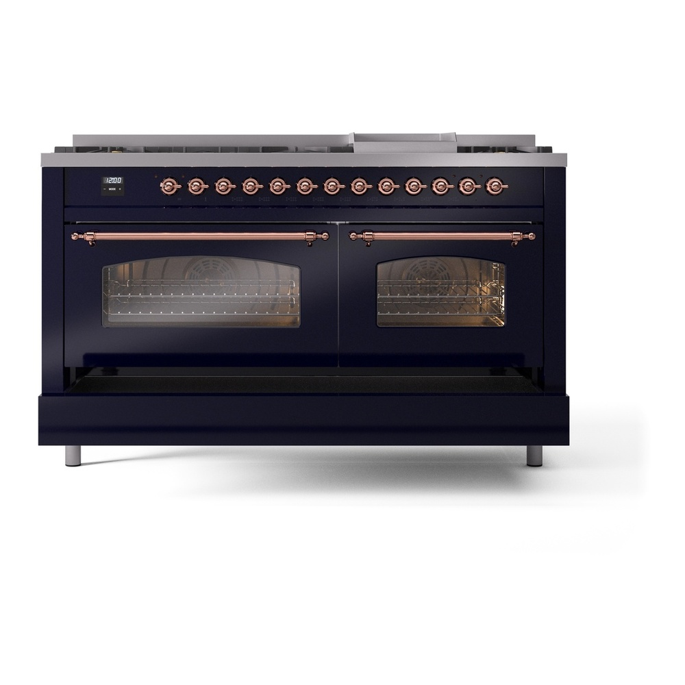 ILVE UP60FNMPMBP Nostalgie II 60 inch Dual Fuel Range with 5.8 cu. ft. Total Double Oven Capacity (9 Sealed Burners + Griddle, Natural Gas, Triple Glass Door, Midnight Blue, Copper) 9 ILVE UP60FNMPMBP Nostalgie II 60" Dual Fuel Range, drawer opened
