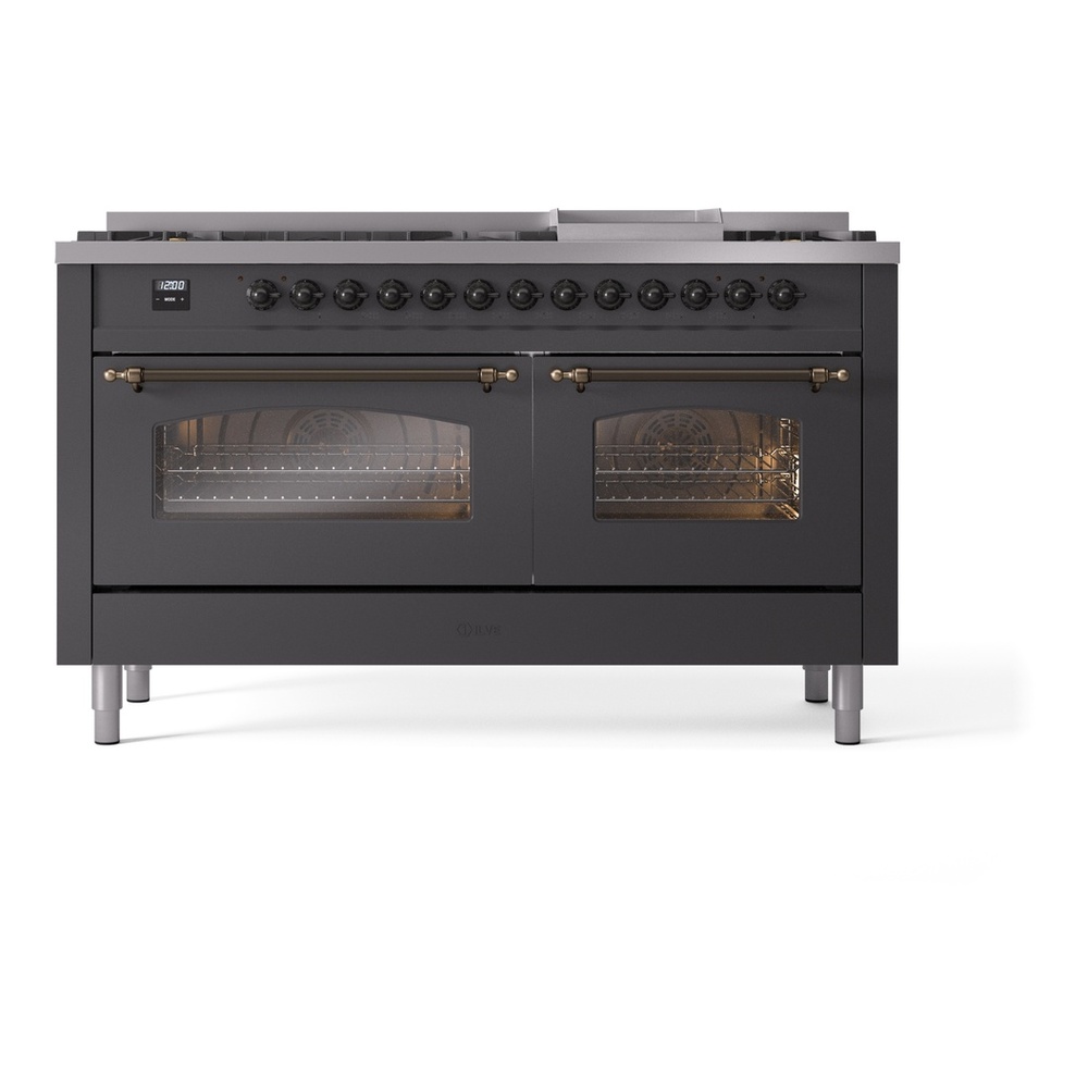 ILVE UP60FNMPMGBLP Nostalgie II 60 inch Dual Fuel Range with 5.8 cu. ft. Total Double Oven Capacity (9 Sealed Burners + Griddle, Liquid Propane, Triple Glass Door, Graphite Matte, Burnished) 5 ILVE UP60FNMPMGBLP Nostalgie II 60" Dual Fuel Range, front view