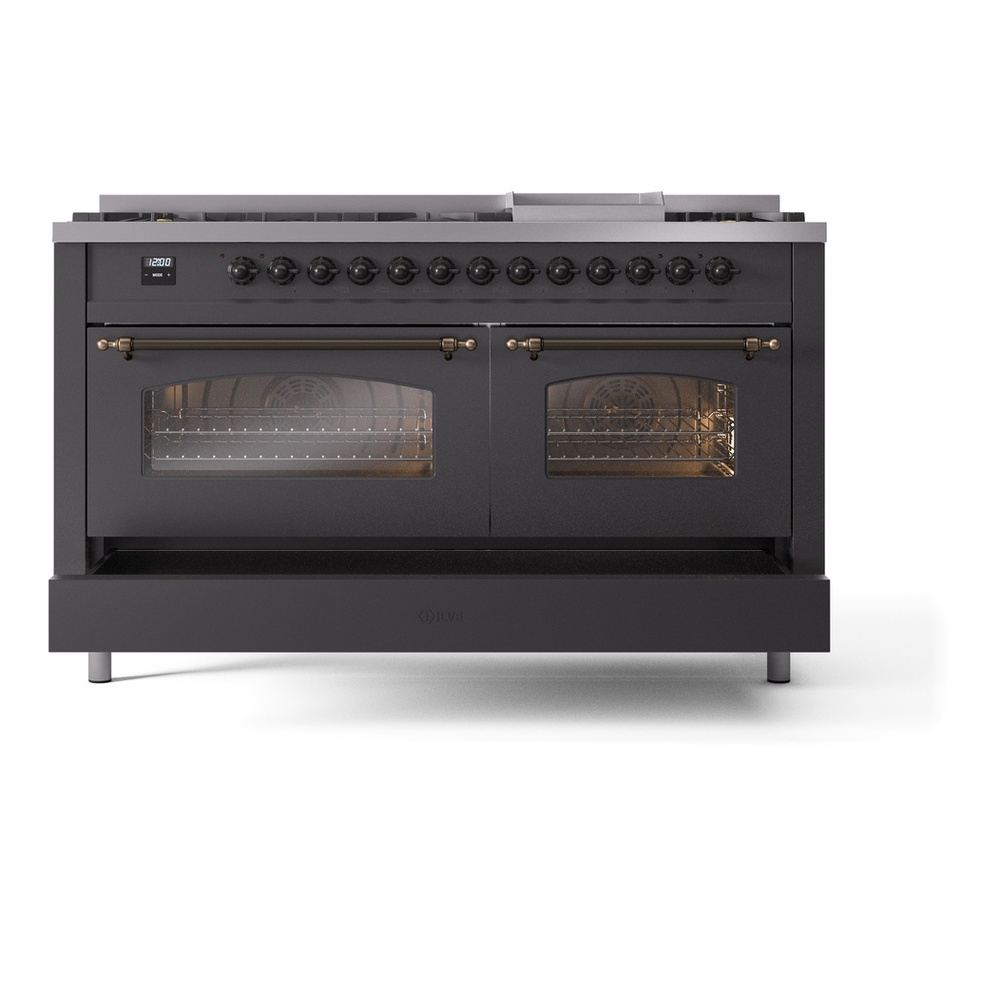 ILVE UP60FNMPMGBLP Nostalgie II 60 inch Dual Fuel Range with 5.8 cu. ft. Total Double Oven Capacity (9 Sealed Burners + Griddle, Liquid Propane, Triple Glass Door, Graphite Matte, Burnished) 9 ILVE UP60FNMPMGBLP Nostalgie II 60" Dual Fuel Range, drawer opened