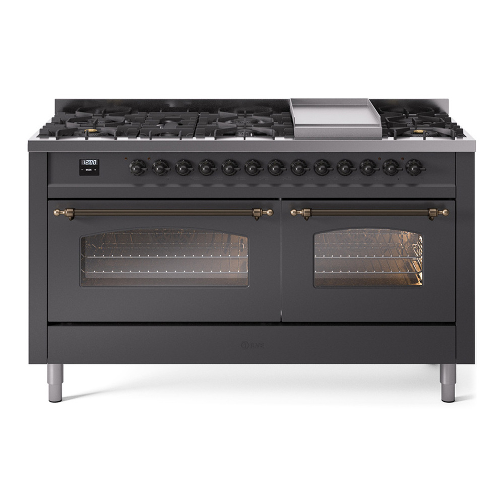 ILVE UP60FNMPMGB Nostalgie II 60 inch Dual Fuel Range with 5.8 cu. ft. Total Double Oven Capacity (9 Sealed Burners + Griddle, Natural Gas, Triple Glass Door, Graphite Matte, Burnished)