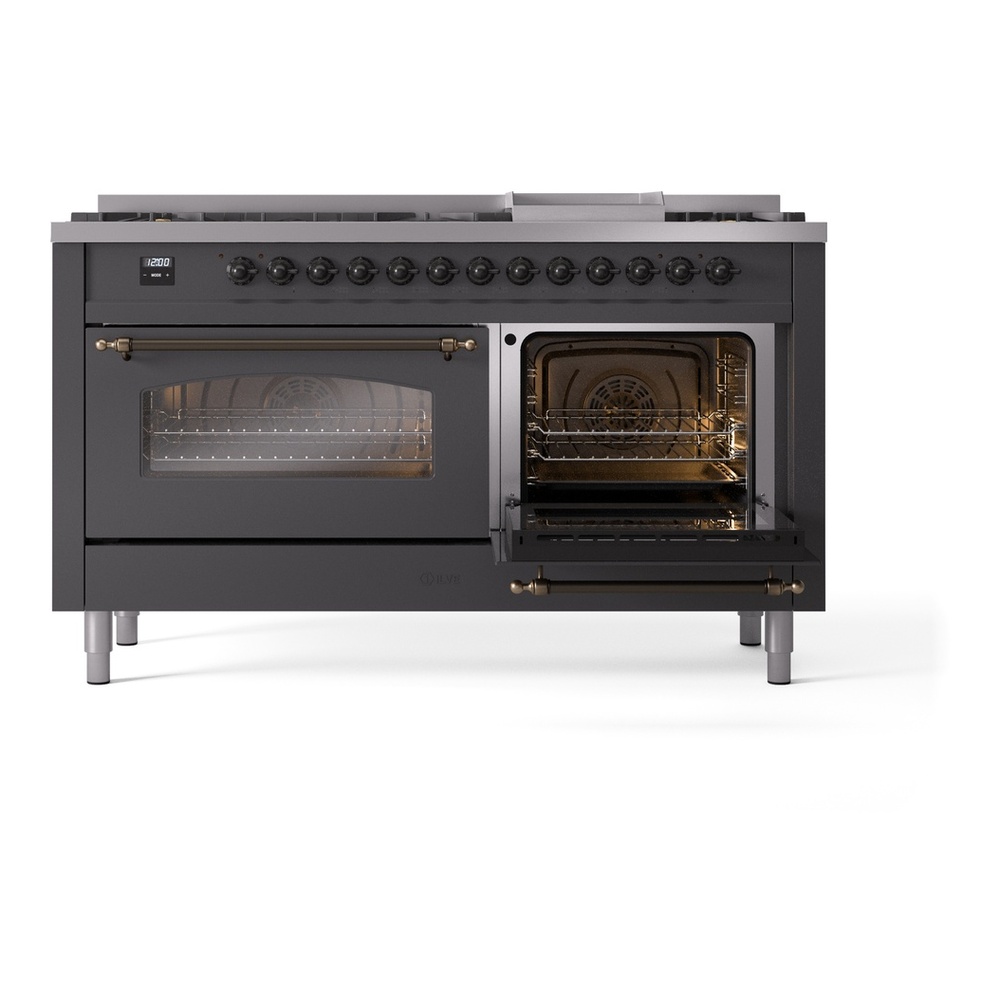 ILVE UP60FNMPMGB Nostalgie II 60 inch Dual Fuel Range with 5.8 cu. ft. Total Double Oven Capacity (9 Sealed Burners + Griddle, Natural Gas, Triple Glass Door, Graphite Matte, Burnished) 8 ILVE UP60FNMPMGB Nostalgie II 60" Dual Fuel Range, side oven door opened