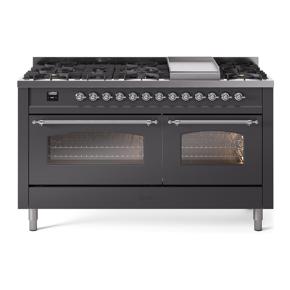 ILVE UP60FNMPMGCLP Nostalgie II 60 inch Dual Fuel Range with 5.8 cu. ft. Total Double Oven Capacity (9 Sealed Burners + Griddle, Liquid Propane, Triple Glass Door, Graphite Matte, Chrome) 1 UP60FNMPMGCLP