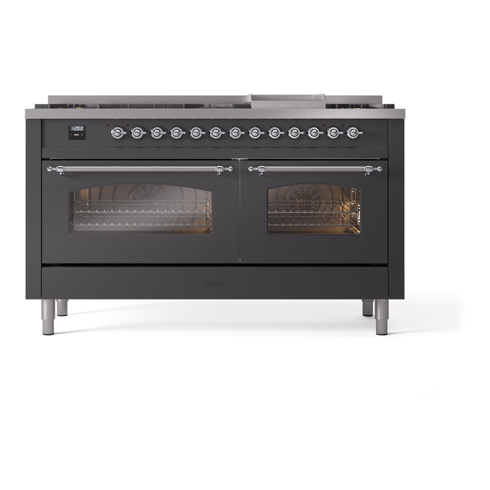 ILVE UP60FNMPMGCLP Nostalgie II 60 inch Dual Fuel Range with 5.8 cu. ft. Total Double Oven Capacity (9 Sealed Burners + Griddle, Liquid Propane, Triple Glass Door, Graphite Matte, Chrome) 5 ILVE UP60FNMPMGCLP Nostalgie II 60" Dual Fuel Range, front view