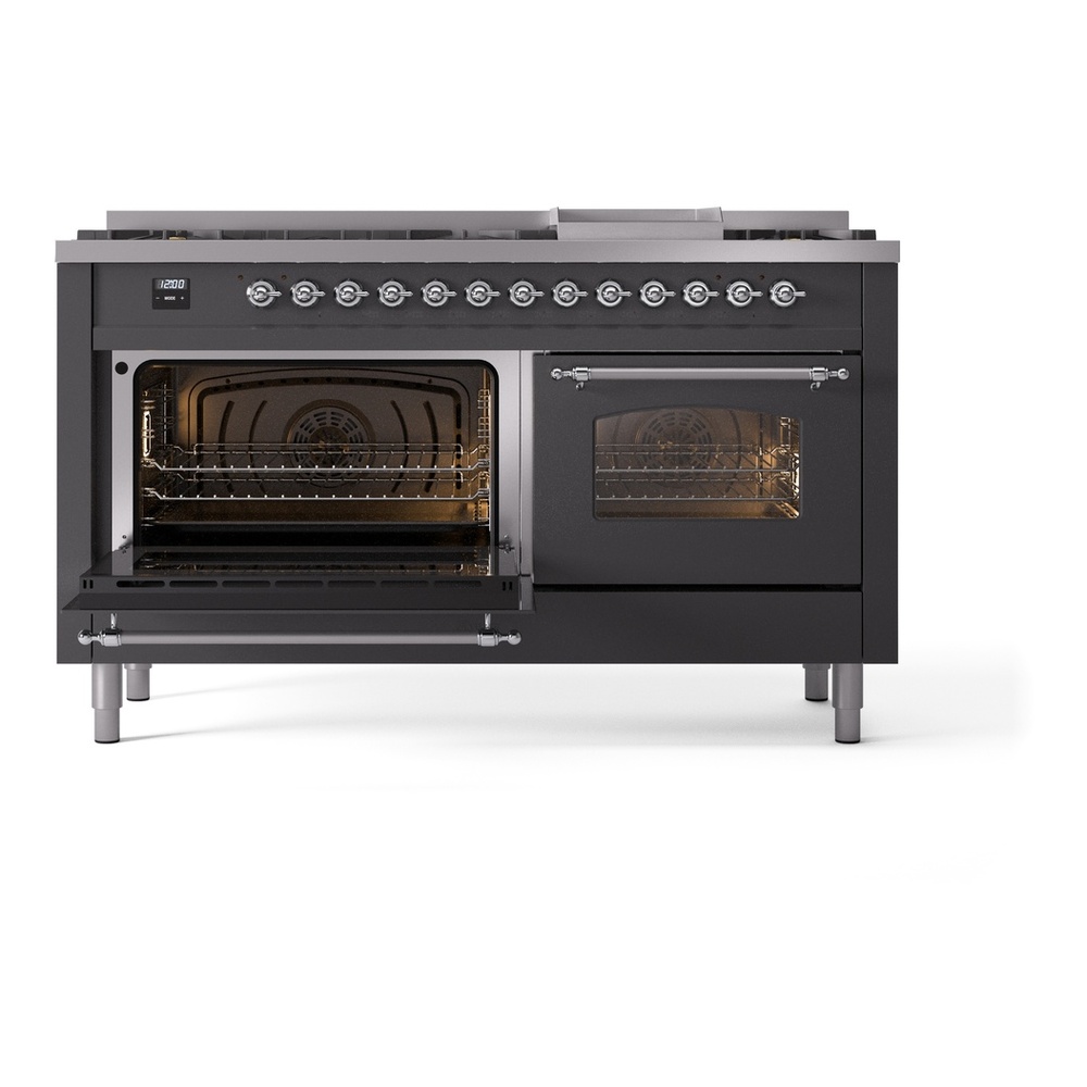 ILVE UP60FNMPMGCLP Nostalgie II 60 inch Dual Fuel Range with 5.8 cu. ft. Total Double Oven Capacity (9 Sealed Burners + Griddle, Liquid Propane, Triple Glass Door, Graphite Matte, Chrome) 7 ILVE UP60FNMPMGCLP Nostalgie II 60" Dual Fuel Range, main oven door opened