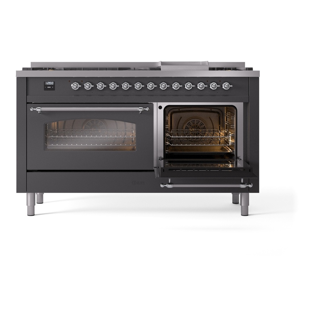 ILVE UP60FNMPMGCLP Nostalgie II 60 inch Dual Fuel Range with 5.8 cu. ft. Total Double Oven Capacity (9 Sealed Burners + Griddle, Liquid Propane, Triple Glass Door, Graphite Matte, Chrome) 8 ILVE UP60FNMPMGCLP Nostalgie II 60" Dual Fuel Range, side oven door opened