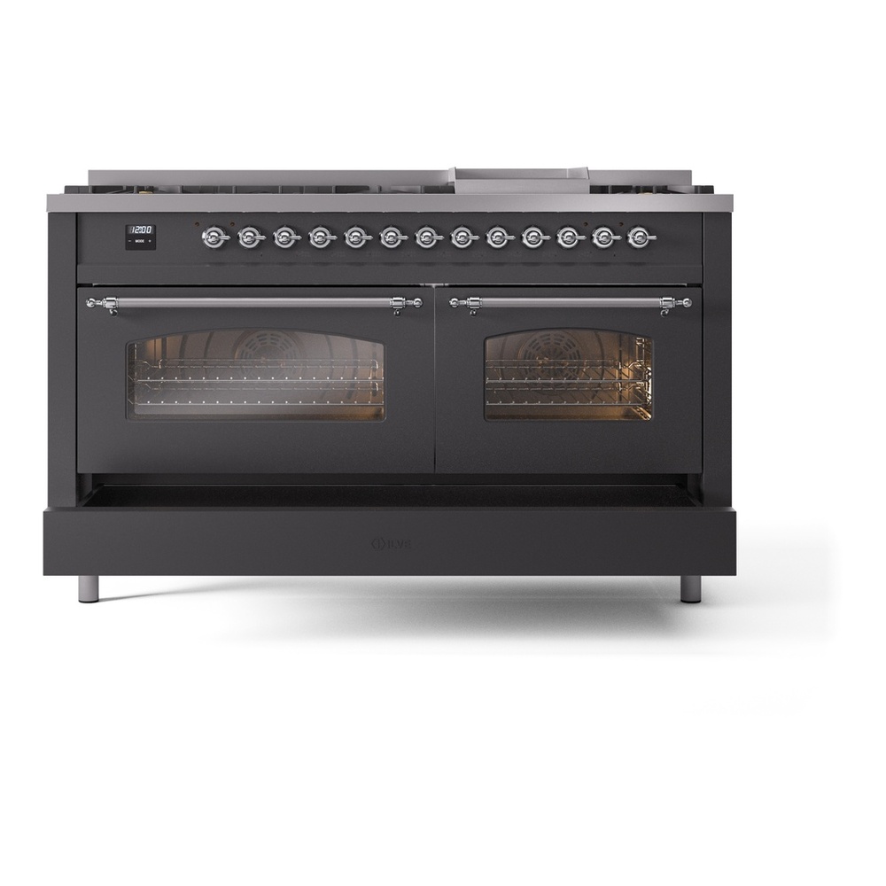 ILVE UP60FNMPMGCLP Nostalgie II 60 inch Dual Fuel Range with 5.8 cu. ft. Total Double Oven Capacity (9 Sealed Burners + Griddle, Liquid Propane, Triple Glass Door, Graphite Matte, Chrome) 9 ILVE UP60FNMPMGCLP Nostalgie II 60" Dual Fuel Range, drawer opened