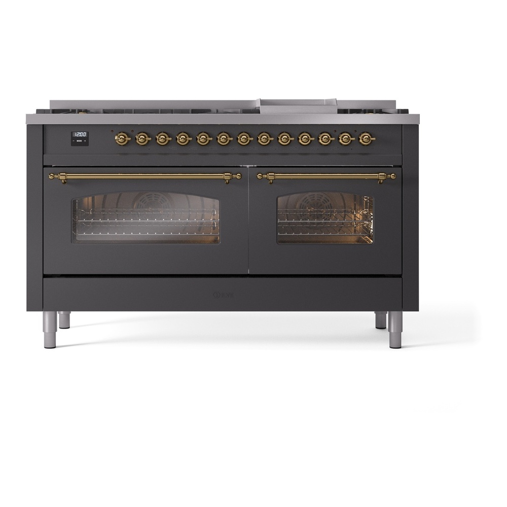 ILVE UP60FNMPMGGLP Nostalgie II 60 inch Dual Fuel Range with 5.8 cu. ft. Total Double Oven Capacity (9 Sealed Burners + Griddle, Liquid Propane, Triple Glass Door, Graphite Matte, Brass) 5 ILVE UP60FNMPMGGLP Nostalgie II 60" Dual Fuel Range, front view