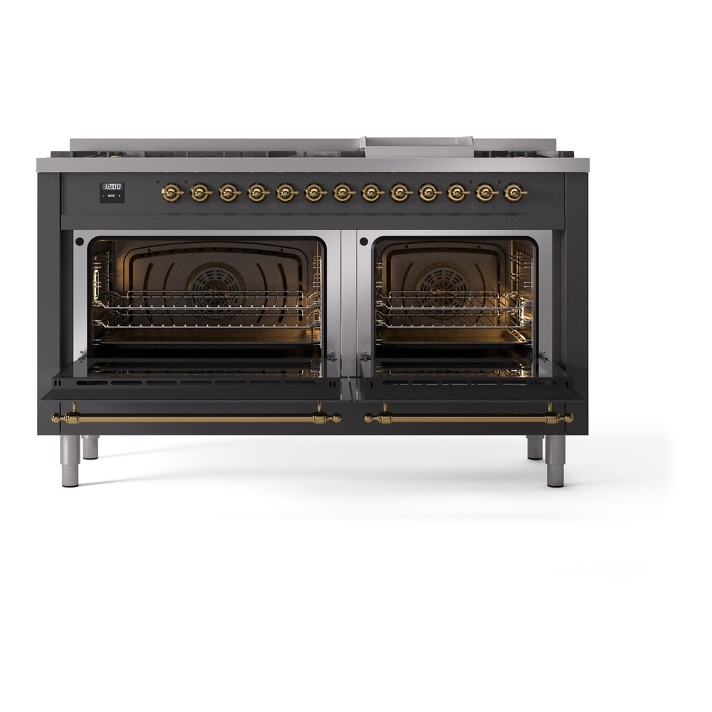 ILVE UP60FNMPMGGLP Nostalgie II 60 inch Dual Fuel Range with 5.8 cu. ft. Total Double Oven Capacity (9 Sealed Burners + Griddle, Liquid Propane, Triple Glass Door, Graphite Matte, Brass) 6 ILVE UP60FNMPMGGLP Nostalgie II 60" Dual Fuel Range, oven doors opened