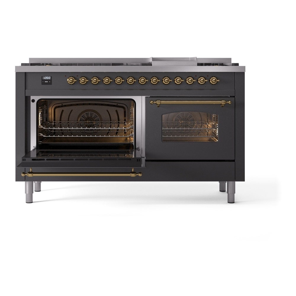ILVE UP60FNMPMGGLP Nostalgie II 60 inch Dual Fuel Range with 5.8 cu. ft. Total Double Oven Capacity (9 Sealed Burners + Griddle, Liquid Propane, Triple Glass Door, Graphite Matte, Brass) 7 ILVE UP60FNMPMGGLP Nostalgie II 60" Dual Fuel Range, main oven door opened