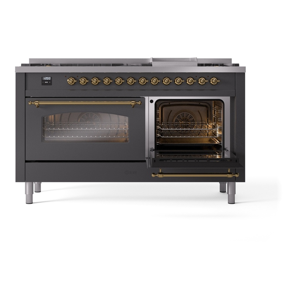 ILVE UP60FNMPMGGLP Nostalgie II 60 inch Dual Fuel Range with 5.8 cu. ft. Total Double Oven Capacity (9 Sealed Burners + Griddle, Liquid Propane, Triple Glass Door, Graphite Matte, Brass) 8 ILVE UP60FNMPMGGLP Nostalgie II 60" Dual Fuel Range, side oven door opened