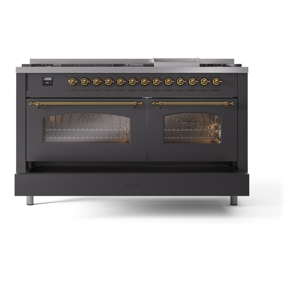 ILVE UP60FNMPMGGLP Nostalgie II 60 inch Dual Fuel Range with 5.8 cu. ft. Total Double Oven Capacity (9 Sealed Burners + Griddle, Liquid Propane, Triple Glass Door, Graphite Matte, Brass) 9 ILVE UP60FNMPMGGLP Nostalgie II 60" Dual Fuel Range, drawer opened