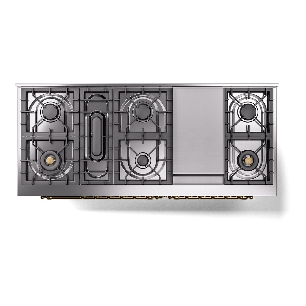 ILVE UP60FNMPMGGLP Nostalgie II 60 inch Dual Fuel Range with 5.8 cu. ft. Total Double Oven Capacity (9 Sealed Burners + Griddle, Liquid Propane, Triple Glass Door, Graphite Matte, Brass) 11 ILVE UP60FNMPMGGLP Nostalgie II 60" Dual Fuel Range, top view