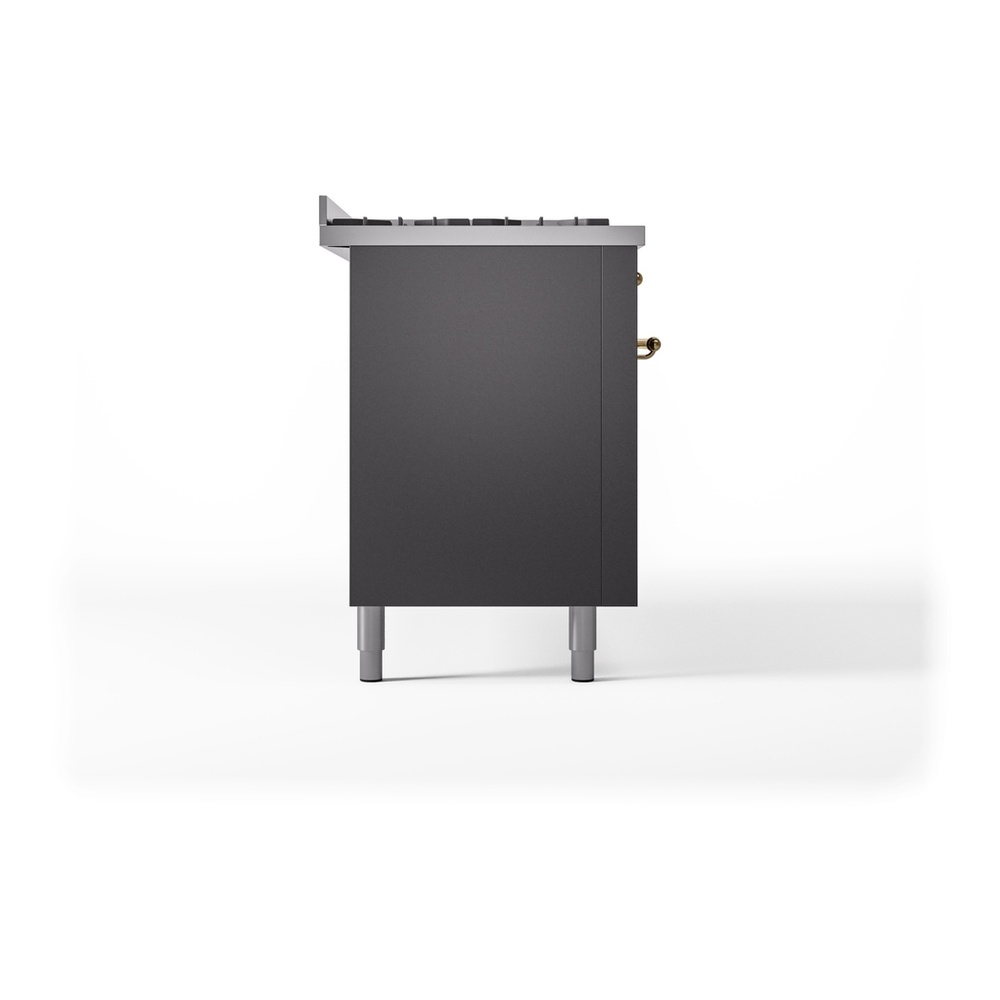 ILVE UP60FNMPMGGLP Nostalgie II 60 inch Dual Fuel Range with 5.8 cu. ft. Total Double Oven Capacity (9 Sealed Burners + Griddle, Liquid Propane, Triple Glass Door, Graphite Matte, Brass) 12 ILVE UP60FNMPMGGLP Nostalgie II 60" Dual Fuel Range, left side view