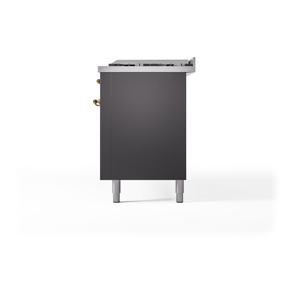 ILVE UP60FNMPMGGLP Nostalgie II 60 inch Dual Fuel Range with 5.8 cu. ft. Total Double Oven Capacity (9 Sealed Burners + Griddle, Liquid Propane, Triple Glass Door, Graphite Matte, Brass) 13 ILVE UP60FNMPMGGLP Nostalgie II 60" Dual Fuel Range, right side view