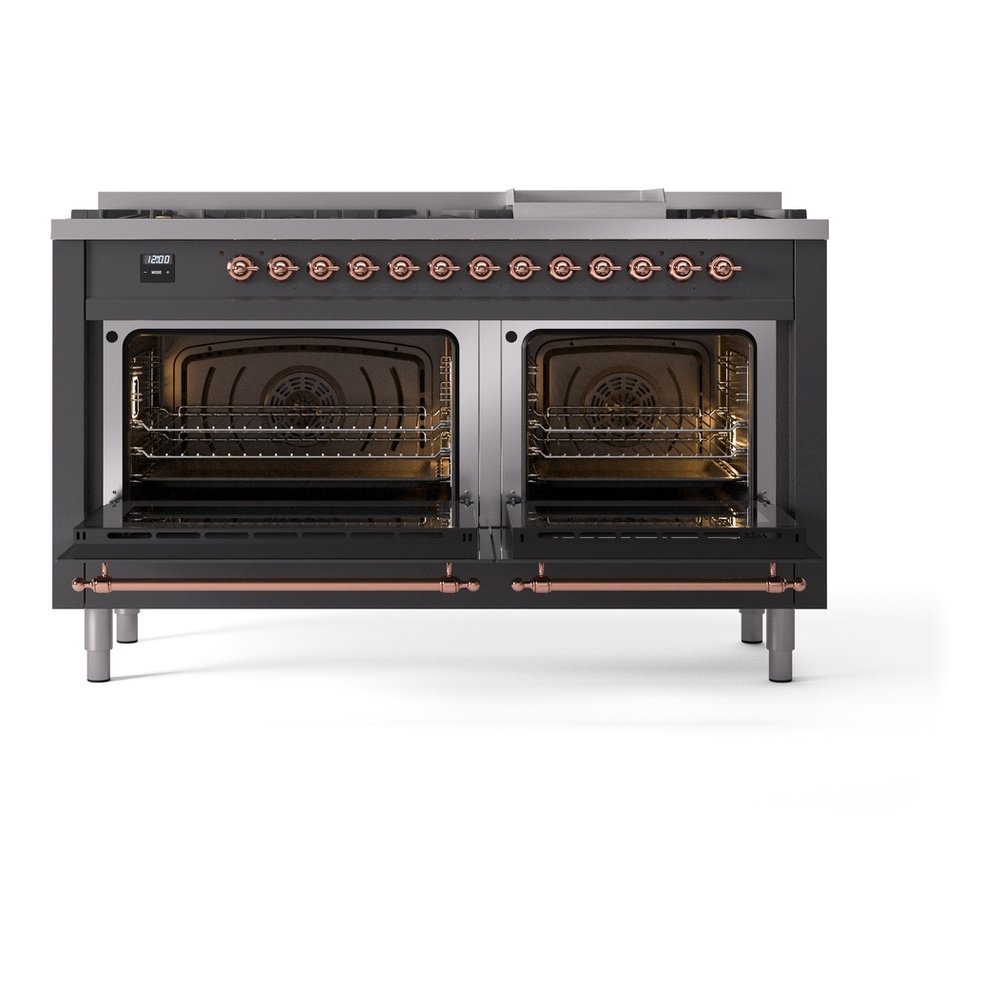 ILVE UP60FNMPMGPLP Nostalgie II 60 inch Dual Fuel Range with 5.8 cu. ft. Total Double Oven Capacity (9 Sealed Burners + Griddle, Liquid Propane, Triple Glass Door, Graphite Matte, Copper) 6 ILVE UP60FNMPMGPLP Nostalgie II 60" Dual Fuel Range, oven doors opened
