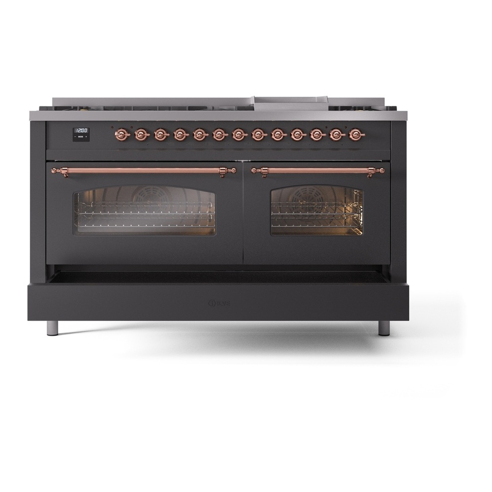 ILVE UP60FNMPMGPLP Nostalgie II 60 inch Dual Fuel Range with 5.8 cu. ft. Total Double Oven Capacity (9 Sealed Burners + Griddle, Liquid Propane, Triple Glass Door, Graphite Matte, Copper) 9 ILVE UP60FNMPMGPLP Nostalgie II 60" Dual Fuel Range, drawer opened