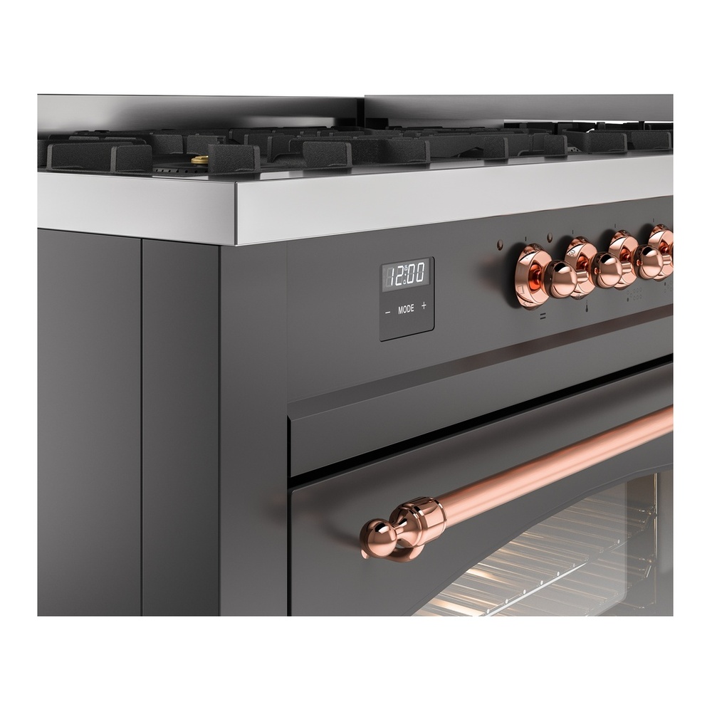 ILVE UP60FNMPMGPLP Nostalgie II 60 inch Dual Fuel Range with 5.8 cu. ft. Total Double Oven Capacity (9 Sealed Burners + Griddle, Liquid Propane, Triple Glass Door, Graphite Matte, Copper) 10 ILVE UP60FNMPMGPLP Nostalgie II 60" Dual Fuel Range, details