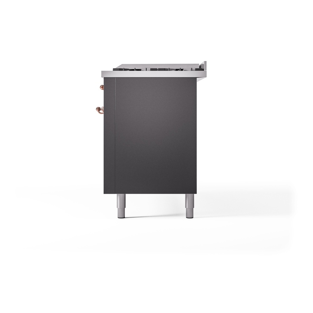 ILVE UP60FNMPMGPLP Nostalgie II 60 inch Dual Fuel Range with 5.8 cu. ft. Total Double Oven Capacity (9 Sealed Burners + Griddle, Liquid Propane, Triple Glass Door, Graphite Matte, Copper) 13 ILVE UP60FNMPMGPLP Nostalgie II 60" Dual Fuel Range, right side view