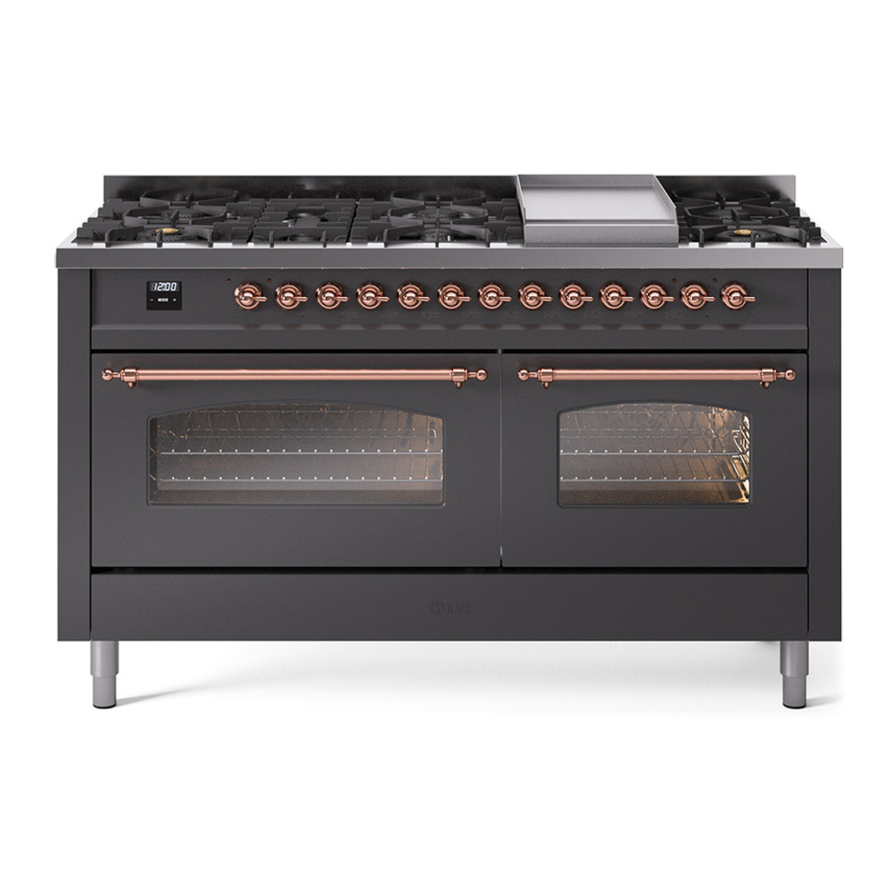 ILVE UP60FNMPMGP Nostalgie II 60 inch Dual Fuel Range with 5.8 cu. ft. Total Double Oven Capacity (9 Sealed Burners + Griddle, Natural Gas, Triple Glass Door, Graphite Matte, Copper) 1 UP60FNMPMGP