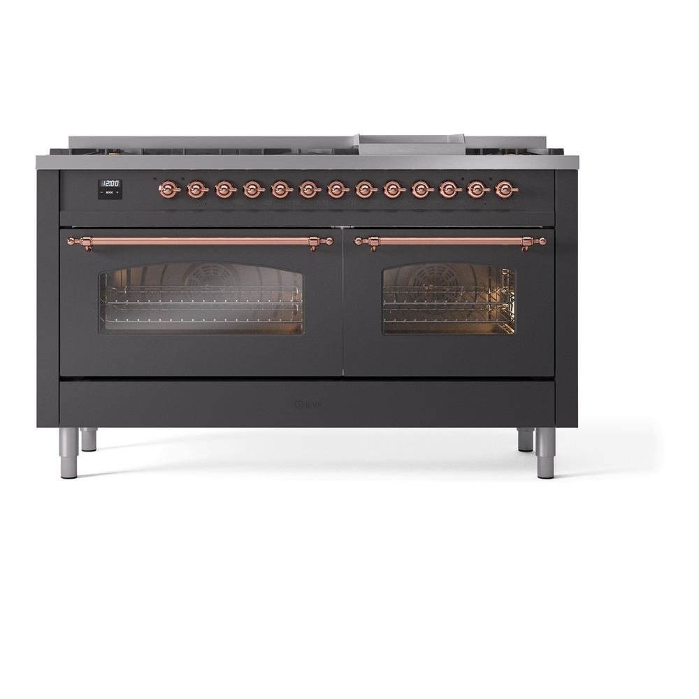 ILVE UP60FNMPMGP Nostalgie II 60 inch Dual Fuel Range with 5.8 cu. ft. Total Double Oven Capacity (9 Sealed Burners + Griddle, Natural Gas, Triple Glass Door, Graphite Matte, Copper) 5 ILVE UP60FNMPMGP Nostalgie II 60" Dual Fuel Range, front view