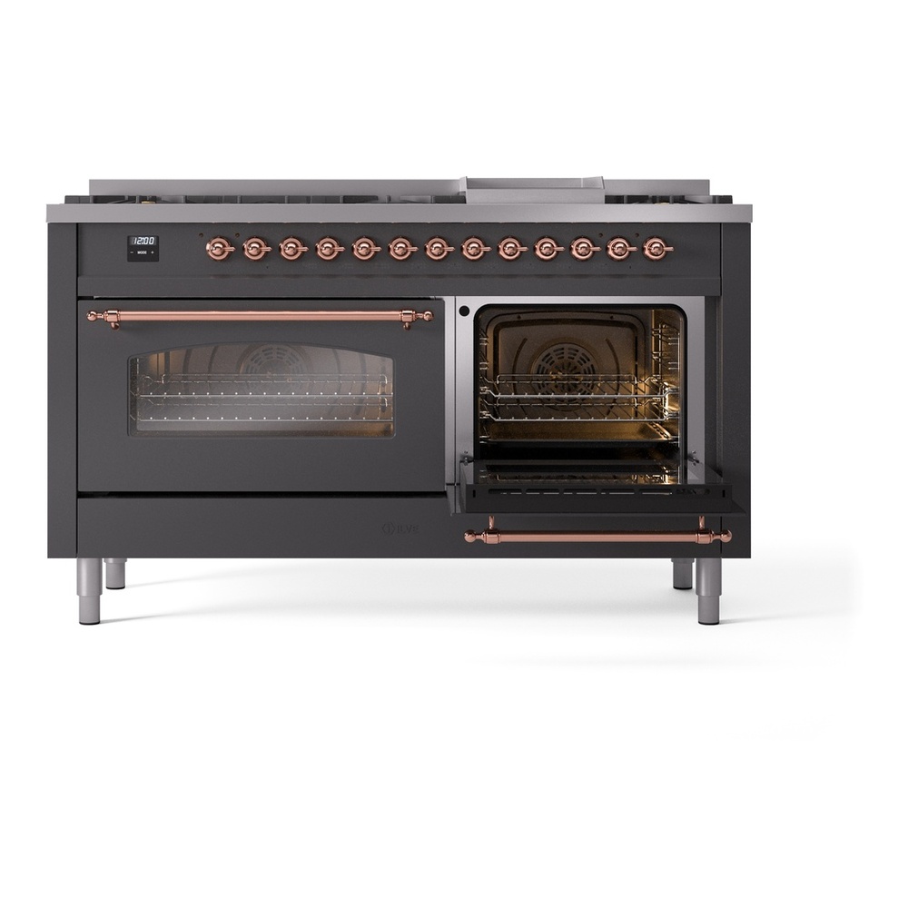 ILVE UP60FNMPMGP Nostalgie II 60 inch Dual Fuel Range with 5.8 cu. ft. Total Double Oven Capacity (9 Sealed Burners + Griddle, Natural Gas, Triple Glass Door, Graphite Matte, Copper) 8 ILVE UP60F Nostalgie II 60" Dual Fuel Range