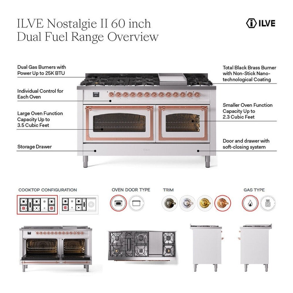 ILVE UP60FNMPMMCLP Nostalgie II 60 inch Dual Fuel Range with 5.8 cu. ft. Total Double Oven Capacity (9 Sealed Burners + Griddle, Liquid Propane, Triple Glass Door, Mediterranean Mint, Chrome) 2 ILVE UP60F Nostalgie II 60 inch Dual Fuel Range with 5.8 cu. ft. Total Double Oven Capacity