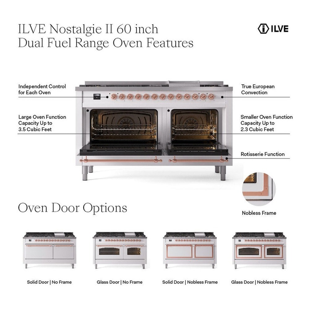 ILVE UP60FNMPMMCLP Nostalgie II 60 inch Dual Fuel Range with 5.8 cu. ft. Total Double Oven Capacity (9 Sealed Burners + Griddle, Liquid Propane, Triple Glass Door, Mediterranean Mint, Chrome) 3 ILVE UP60F Nostalgie II 60 inch Dual Fuel Range with 5.8 cu. ft. Total Double Oven Capacity