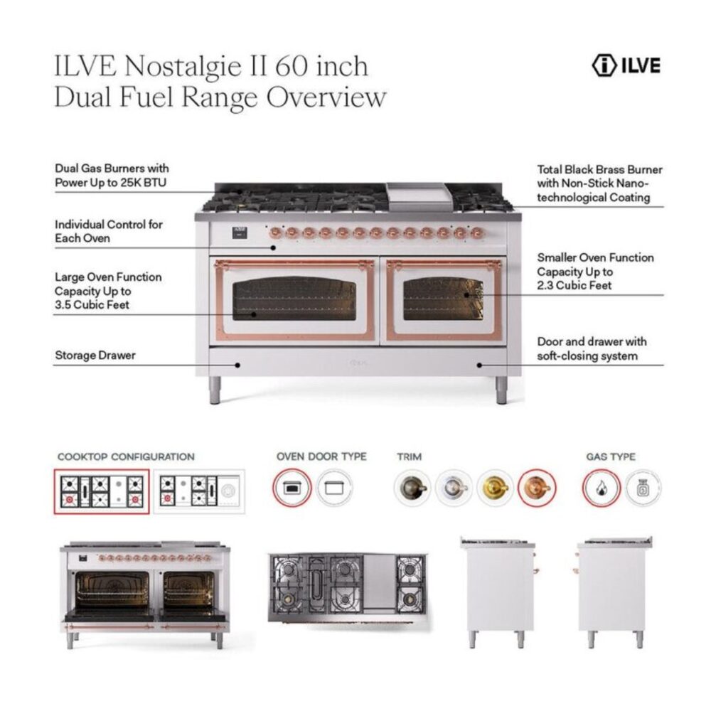 ILVE UP60F Nostalgie II 60 inch Dual Fuel Range with 5.8 cu. ft. Total Double Oven Capacity