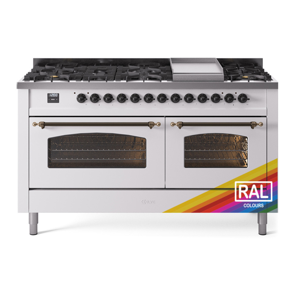 ILVE UP60FNMPRABLP Nostalgie II 60 inch Dual Fuel Range with 5.8 cu. ft. Total Double Oven Capacity (9 Sealed Burners + Griddle, Liquid Propane, Triple Glass Door, RAL, Burnished) 1 UP60FNMPRABLP