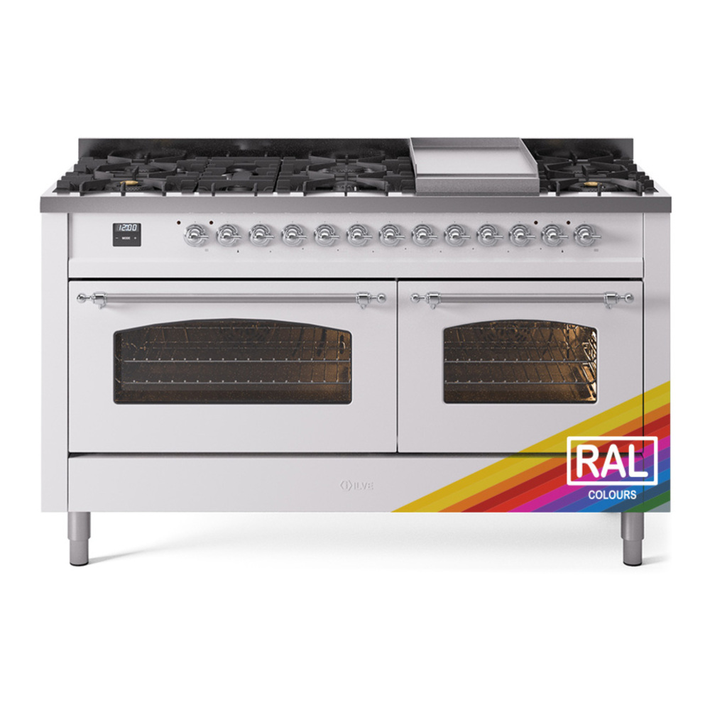 ILVE UP60FNMPRAC Nostalgie II 60 inch Dual Fuel Range with 5.8 cu. ft. Total Double Oven Capacity (9 Sealed Burners + Griddle, Natural Gas, Triple Glass Door, RAL, Chrome) 1 UP60FNMPRAC