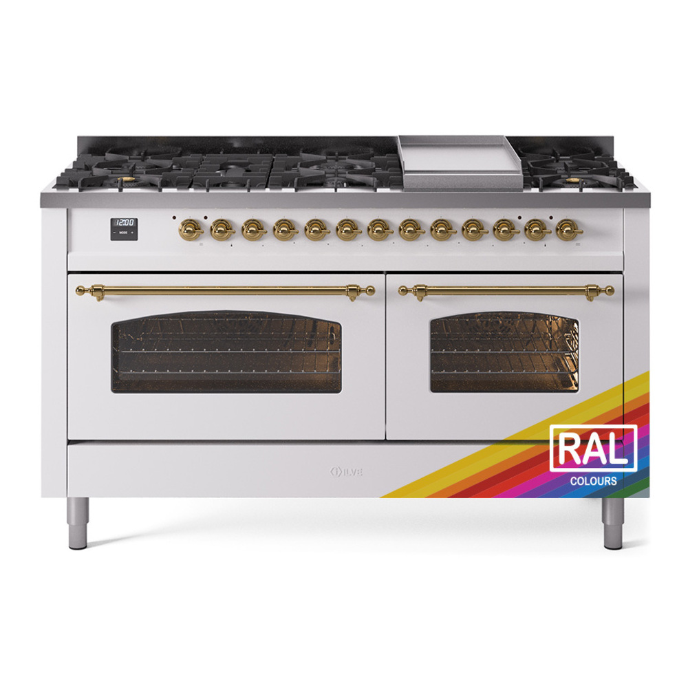ILVE UP60FNMPRAGLP Nostalgie II 60 inch Dual Fuel Range with 5.8 cu. ft. Total Double Oven Capacity (9 Sealed Burners + Griddle, Liquid Propane, Triple Glass Door, RAL, Brass) 1 UP60FNMPRAGLP