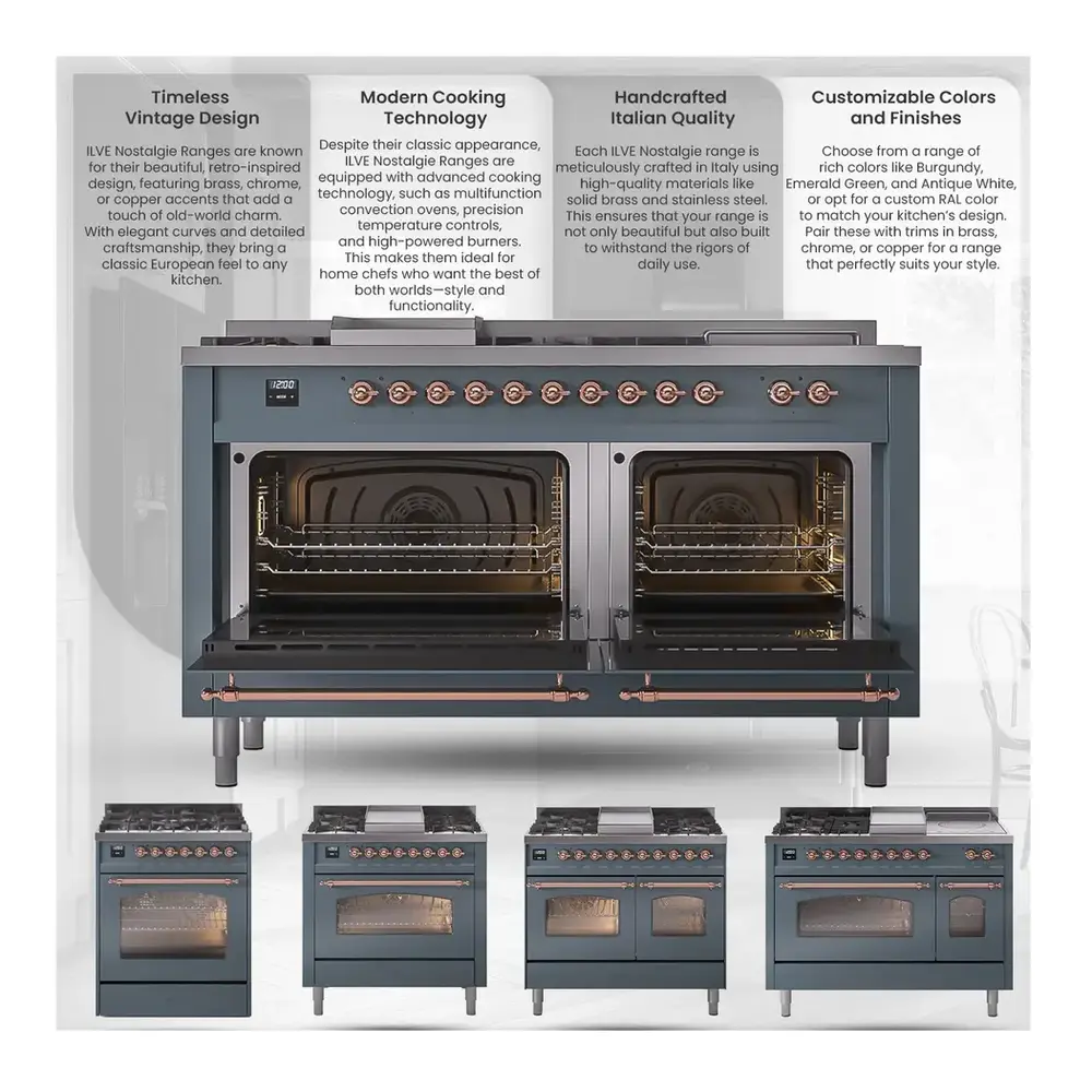 ILVE UP60FNMPRAG Nostalgie II 60 inch Dual Fuel Range with 5.8 cu. ft. Total Double Oven Capacity (9 Sealed Burners + Griddle, Natural Gas, Triple Glass Door, RAL, Brass) 11 Nostalgie II Infographic