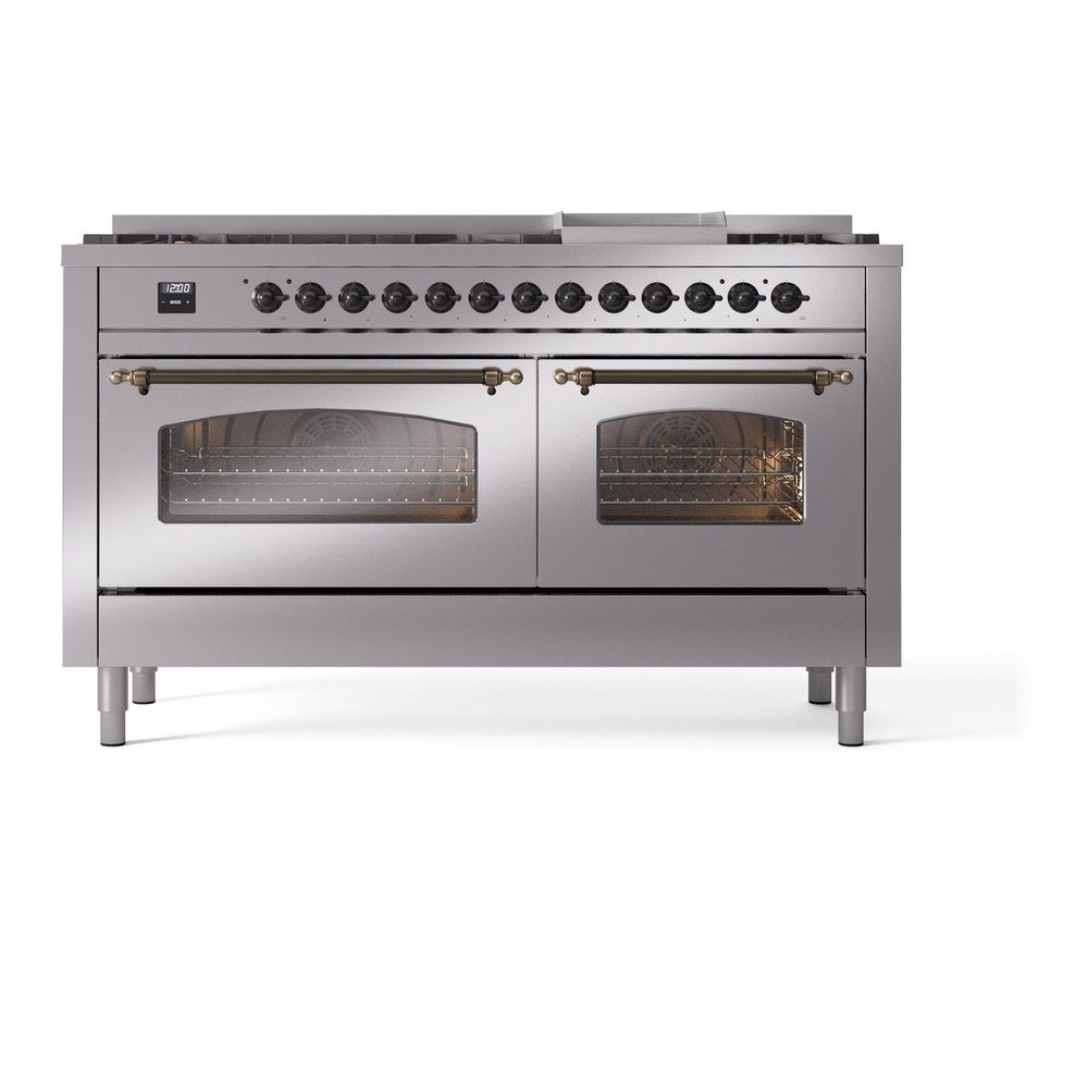 ILVE UP60FNMPSSBLP Nostalgie II 60 inch Dual Fuel Range with 5.8 cu. ft. Total Double Oven Capacity (9 Sealed Burners + Griddle, Liquid Propane, Triple Glass Door, Stainless Steel, Burnished) 5 ILVE UP60FNMPSSBLP Nostalgie II 60" Dual Fuel Range, front view