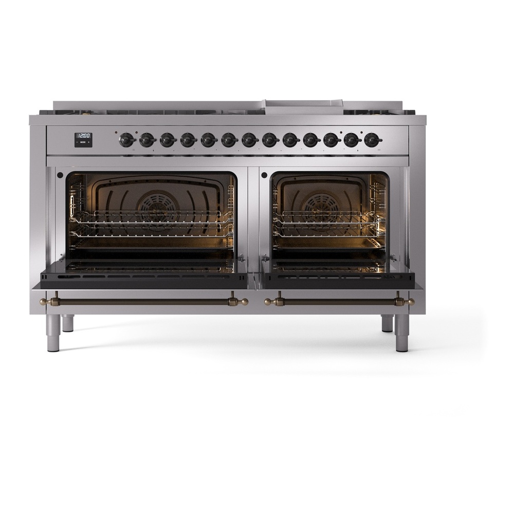 ILVE UP60FNMPSSBLP Nostalgie II 60 inch Dual Fuel Range with 5.8 cu. ft. Total Double Oven Capacity (9 Sealed Burners + Griddle, Liquid Propane, Triple Glass Door, Stainless Steel, Burnished) 6 ILVE UP60FNMPSSBLP Nostalgie II 60" Dual Fuel Range, oven doors opened