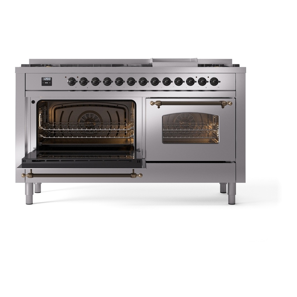 ILVE UP60FNMPSSBLP Nostalgie II 60 inch Dual Fuel Range with 5.8 cu. ft. Total Double Oven Capacity (9 Sealed Burners + Griddle, Liquid Propane, Triple Glass Door, Stainless Steel, Burnished) 7 ILVE UP60FNMPSSBLP Nostalgie II 60" Dual Fuel Range, main oven door opened