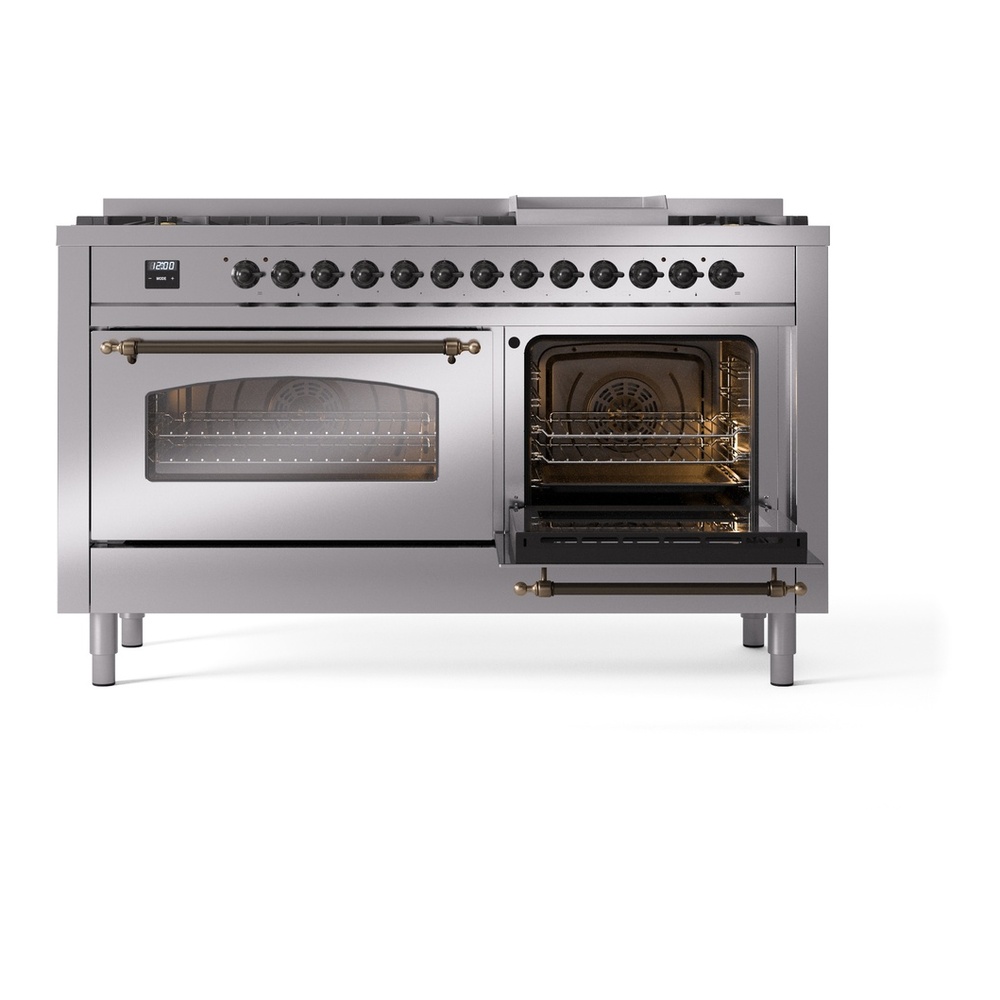 ILVE UP60FNMPSSBLP Nostalgie II 60 inch Dual Fuel Range with 5.8 cu. ft. Total Double Oven Capacity (9 Sealed Burners + Griddle, Liquid Propane, Triple Glass Door, Stainless Steel, Burnished) 8 ILVE UP60FNMPSSBLP Nostalgie II 60" Dual Fuel Range, side oven door opened