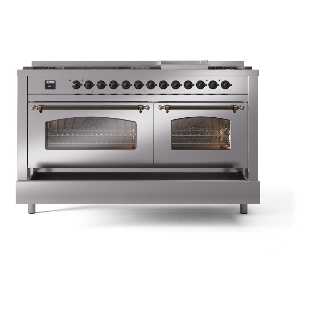 ILVE UP60FNMPSSBLP Nostalgie II 60 inch Dual Fuel Range with 5.8 cu. ft. Total Double Oven Capacity (9 Sealed Burners + Griddle, Liquid Propane, Triple Glass Door, Stainless Steel, Burnished) 9 ILVE UP60FNMPSSBLP Nostalgie II 60" Dual Fuel Range, drawer opened
