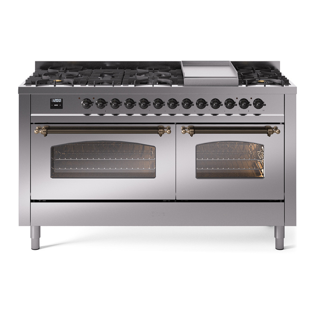 ILVE UP60FNMPSSB Nostalgie II 60 inch Dual Fuel Range with 5.8 cu. ft. Total Double Oven Capacity (9 Sealed Burners + Griddle, Natural Gas, Triple Glass Door, Stainless Steel, Burnished) 1 UP60FNMPSSB