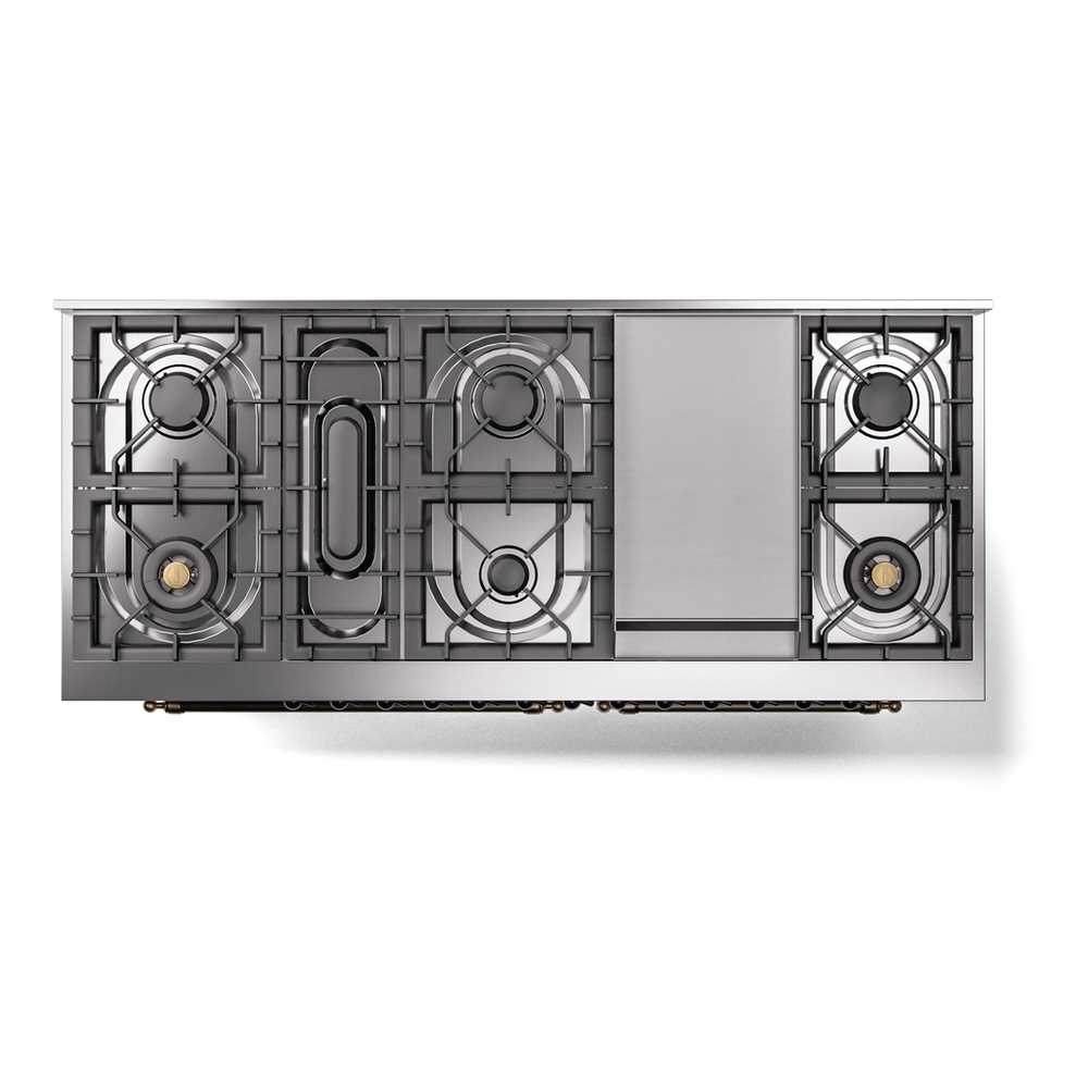 ILVE UP60FNMPSSB Nostalgie II 60 inch Dual Fuel Range with 5.8 cu. ft. Total Double Oven Capacity (9 Sealed Burners + Griddle, Natural Gas, Triple Glass Door, Stainless Steel, Burnished) 11 ILVE UP60FNMPSSB Nostalgie II 60" Dual Fuel Range, top view