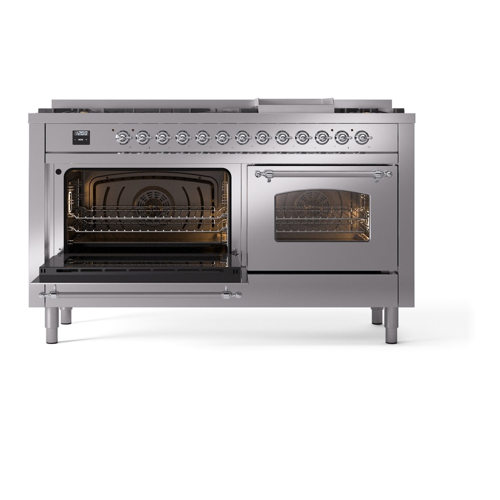 ILVE UP60FNMPSSCLP Nostalgie II 60 inch Dual Fuel Range with 5.8 cu. ft. Total Double Oven Capacity (9 Sealed Burners + Griddle, Liquid Propane, Triple Glass Door, Stainless Steel, Chrome) 7 ILVE UP60FNMPSSCLP Nostalgie II 60" Dual Fuel Range, main oven door opened