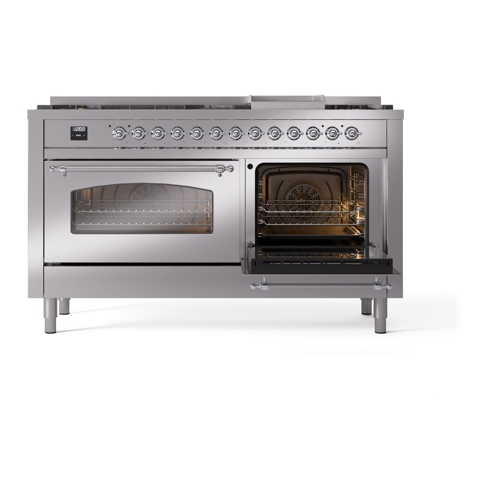 ILVE UP60FNMPSSCLP Nostalgie II 60 inch Dual Fuel Range with 5.8 cu. ft. Total Double Oven Capacity (9 Sealed Burners + Griddle, Liquid Propane, Triple Glass Door, Stainless Steel, Chrome) 8 ILVE UP60FNMPSSCLP Nostalgie II 60" Dual Fuel Range, side oven door opened