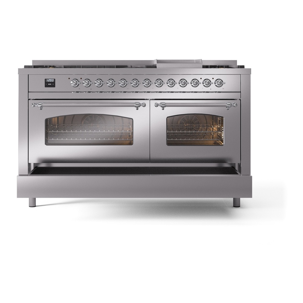 ILVE UP60FNMPSSCLP Nostalgie II 60 inch Dual Fuel Range with 5.8 cu. ft. Total Double Oven Capacity (9 Sealed Burners + Griddle, Liquid Propane, Triple Glass Door, Stainless Steel, Chrome) 9 ILVE UP60FNMPSSCLP Nostalgie II 60" Dual Fuel Range, drawer opened