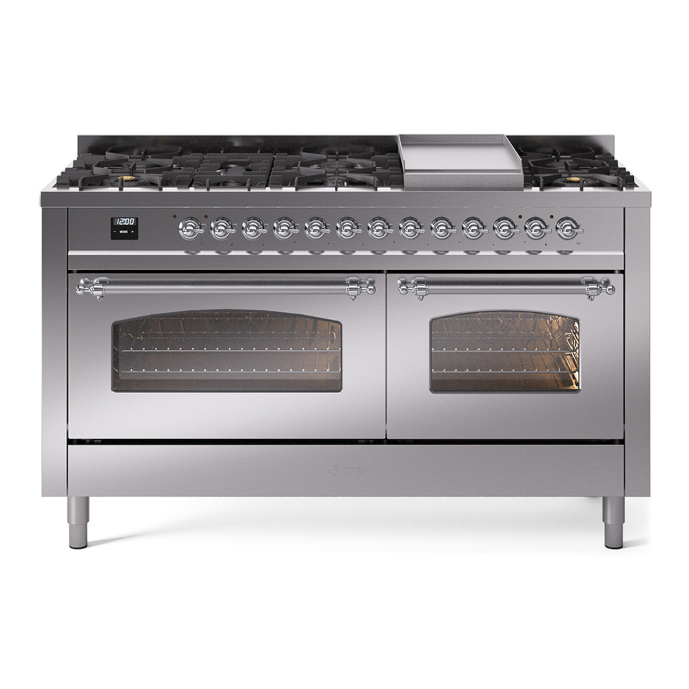 ILVE UP60FNMPSSC Nostalgie II 60 inch Dual Fuel Range with 5.8 cu. ft. Total Double Oven Capacity (9 Sealed Burners + Griddle, Natural Gas, Triple Glass Door, Stainless Steel, Chrome) 1 UP60FNMPSSC